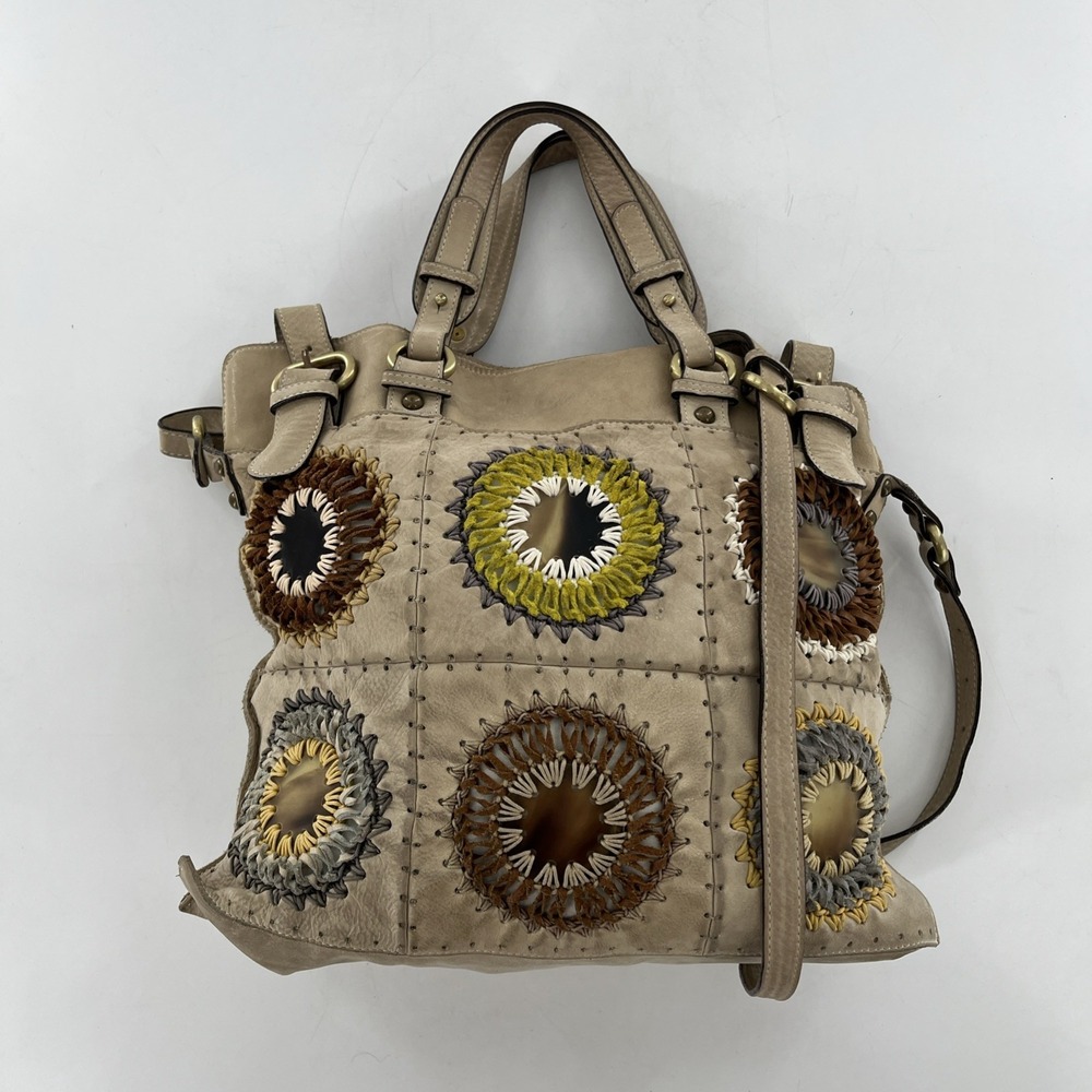 Vintage Jamin Puech Leather Granny Square Satchel Crossbody Boho Woven‎ Stitch